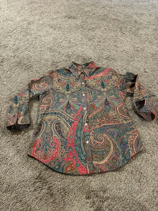 Lauren Ralph Lauren Paisley Colorful 100% Cotton Button Front Top Size Medium - Picture 1 of 9